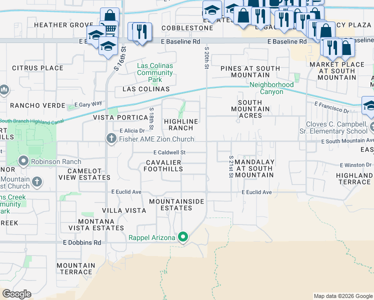 map of restaurants, bars, coffee shops, grocery stores, and more near 1832 East South Mountain Avenue in Phoenix