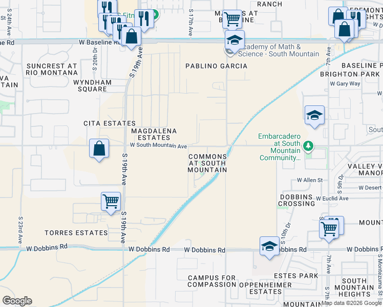 map of restaurants, bars, coffee shops, grocery stores, and more near 1650 West South Mountain Avenue in Phoenix