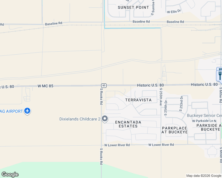 map of restaurants, bars, coffee shops, grocery stores, and more near 25820 West Madison Avenue in Buckeye