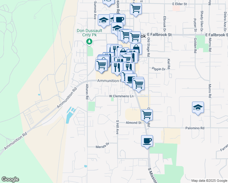 map of restaurants, bars, coffee shops, grocery stores, and more near 224 Ammunition Road in Fallbrook