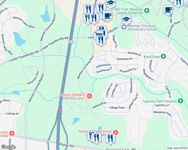 map of restaurants, bars, coffee shops, grocery stores, and more near 214 Southwind Lane in Newnan