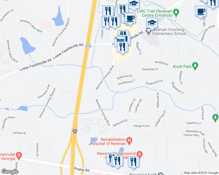 map of restaurants, bars, coffee shops, grocery stores, and more near 234 Southwind Lane in Newnan