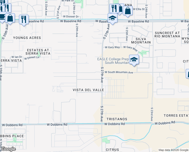 map of restaurants, bars, coffee shops, grocery stores, and more near 8244 South 27th Avenue in Maricopa County