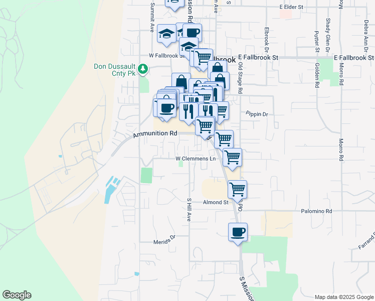 map of restaurants, bars, coffee shops, grocery stores, and more near 224 Ammunition Road in Fallbrook