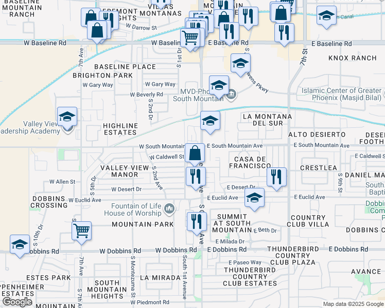 map of restaurants, bars, coffee shops, grocery stores, and more near 8414 South Central Avenue in Phoenix