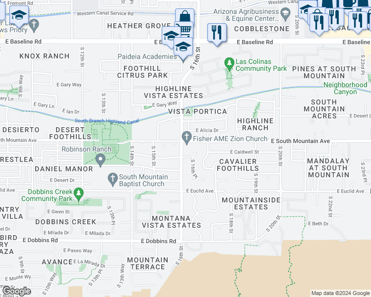 map of restaurants, bars, coffee shops, grocery stores, and more near 8411 South 16th Street in Phoenix
