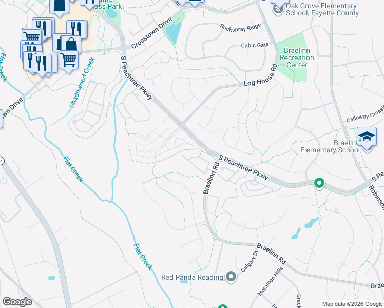 map of restaurants, bars, coffee shops, grocery stores, and more near 126 Masters Drive North in Peachtree City