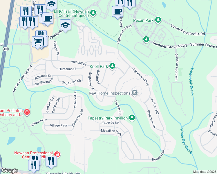 map of restaurants, bars, coffee shops, grocery stores, and more near 10 Tillbrook Trail in Newnan