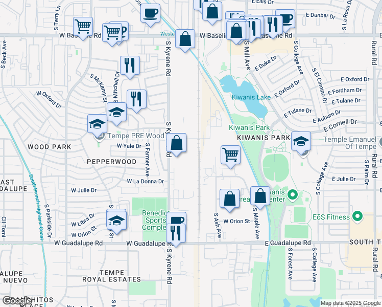 map of restaurants, bars, coffee shops, grocery stores, and more near 5865 South Kyrene Road in Tempe