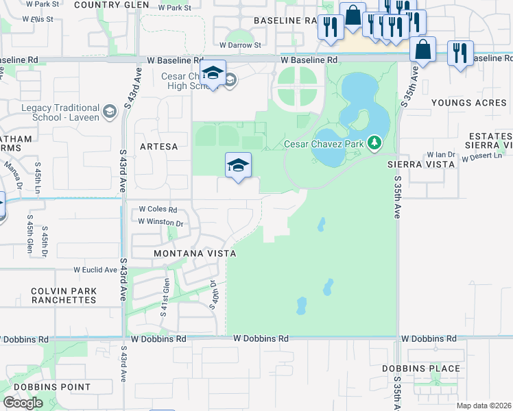 map of restaurants, bars, coffee shops, grocery stores, and more near 4010 West Coles Road in Phoenix
