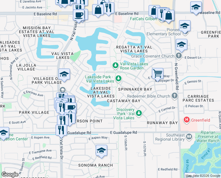 map of restaurants, bars, coffee shops, grocery stores, and more near 1109 North Peppertree Drive in Gilbert