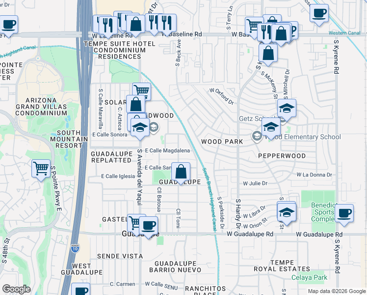 map of restaurants, bars, coffee shops, grocery stores, and more near 8410 Calle Tomi in Guadalupe