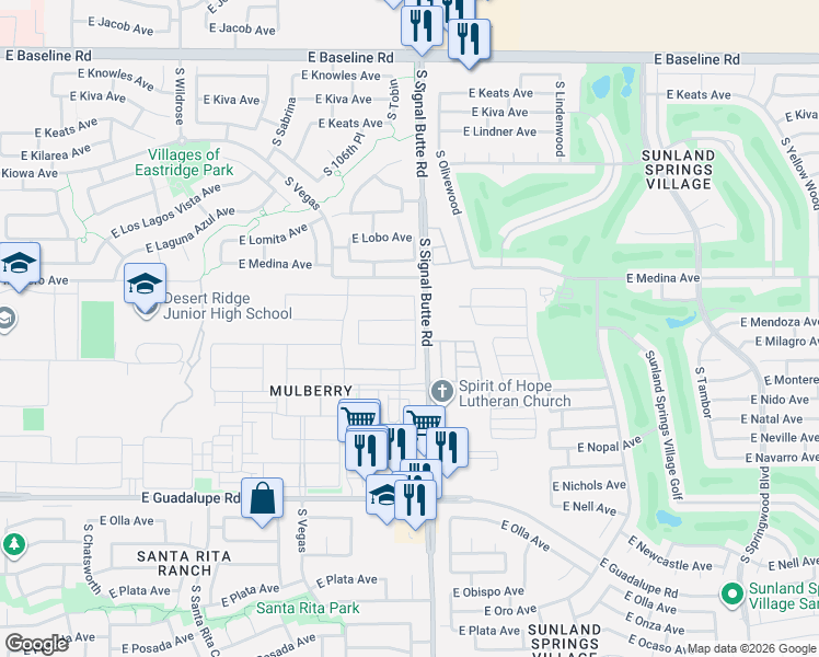 map of restaurants, bars, coffee shops, grocery stores, and more near 10746 East Mendoza Avenue in Mesa