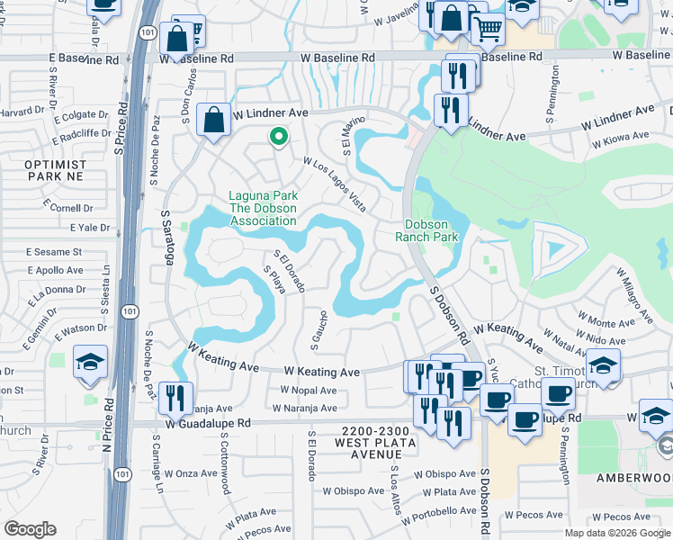 map of restaurants, bars, coffee shops, grocery stores, and more near 2433 South Gaucho in Mesa