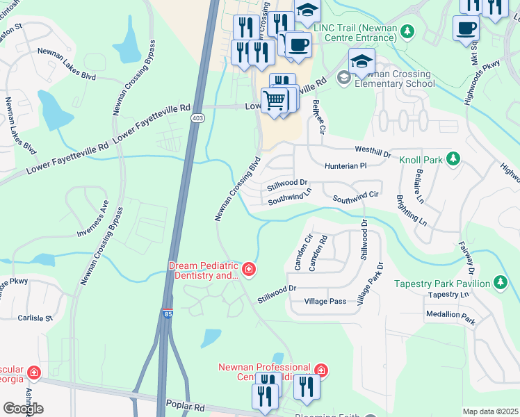 map of restaurants, bars, coffee shops, grocery stores, and more near 214 Southwind Lane in Newnan