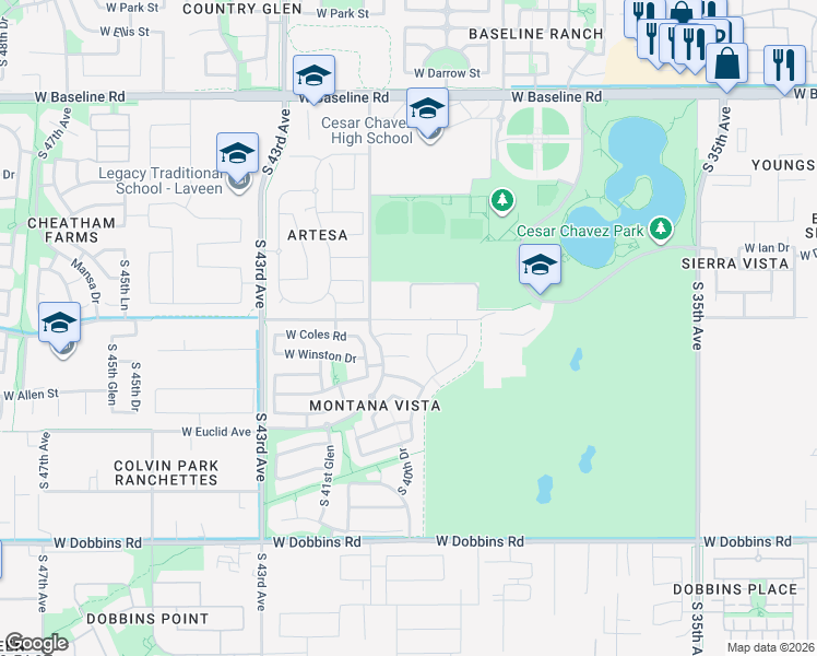 map of restaurants, bars, coffee shops, grocery stores, and more near 4060 West Coles Road in Phoenix