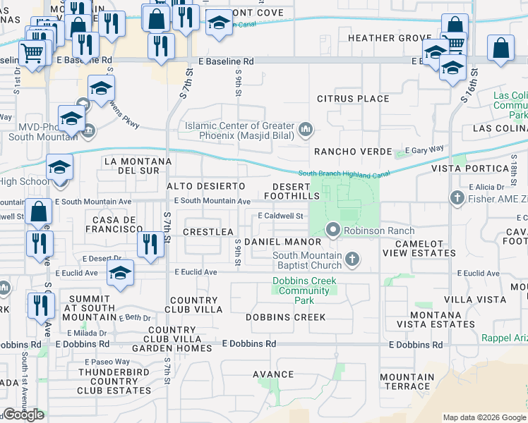 map of restaurants, bars, coffee shops, grocery stores, and more near 925 East South Mountain Avenue in Phoenix