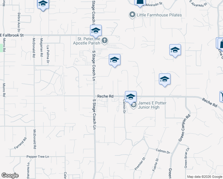 map of restaurants, bars, coffee shops, grocery stores, and more near 1610 Reche Road in Fallbrook