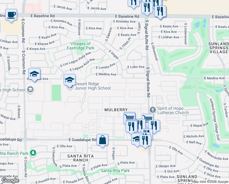 map of restaurants, bars, coffee shops, grocery stores, and more near 10562 East Mendoza Avenue in Mesa