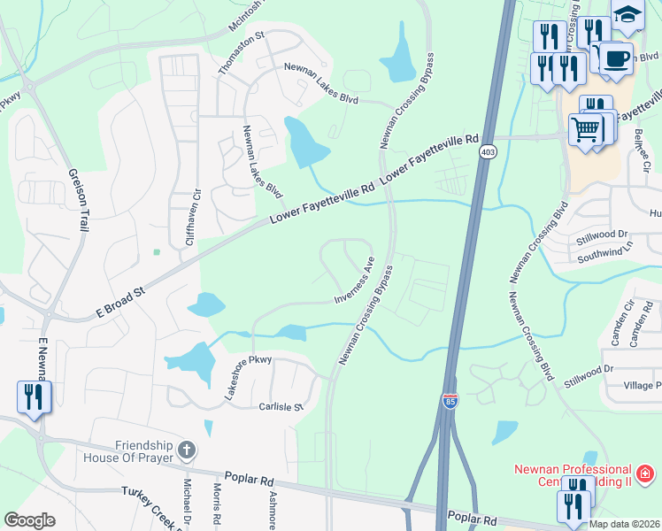 map of restaurants, bars, coffee shops, grocery stores, and more near 22 Lismore Way in Newnan