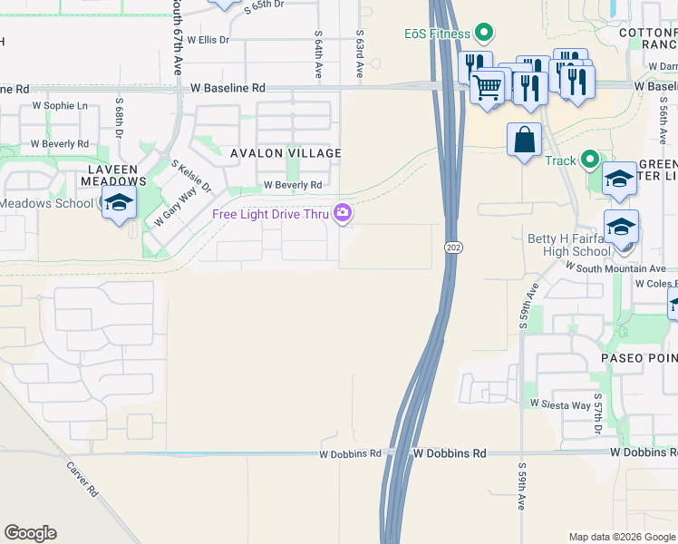 map of restaurants, bars, coffee shops, grocery stores, and more near 8398 South 63rd Avenue in Phoenix