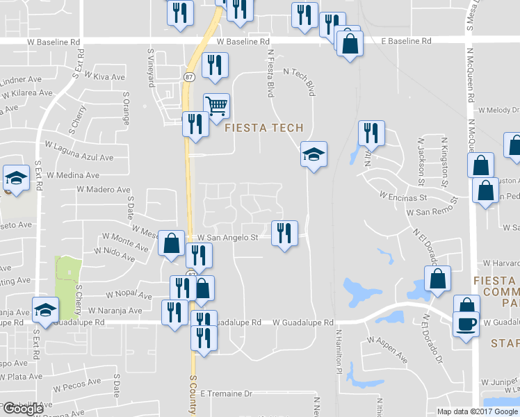 map of restaurants, bars, coffee shops, grocery stores, and more near Playa Palms Apartments in Gilbert
