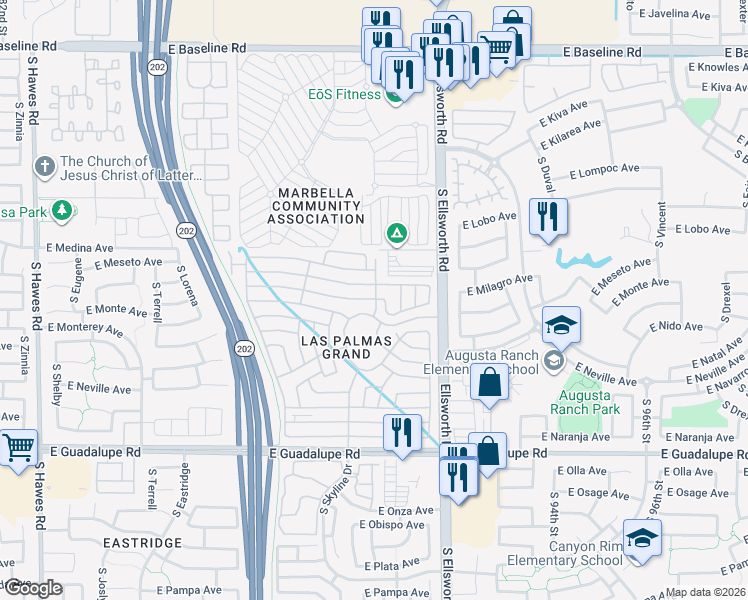 map of restaurants, bars, coffee shops, grocery stores, and more near 2550 South Ellsworth Road in Mesa