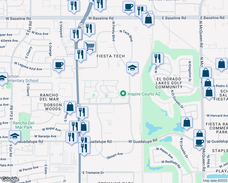 map of restaurants, bars, coffee shops, grocery stores, and more near Playa Palms Apartments in Gilbert