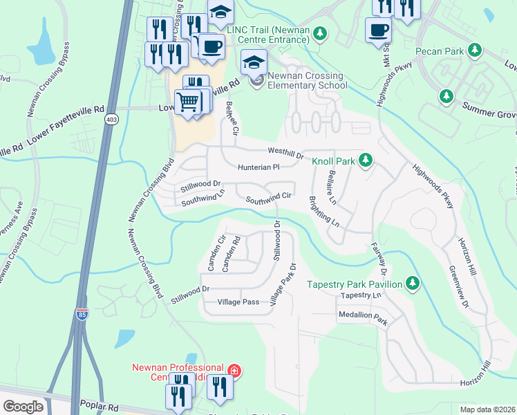map of restaurants, bars, coffee shops, grocery stores, and more near 63 Southwind Circle in Newnan