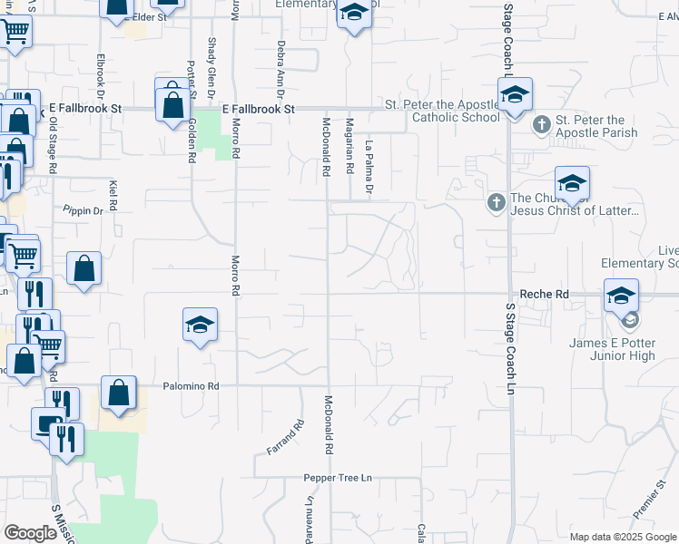 map of restaurants, bars, coffee shops, grocery stores, and more near 1073 Ridge Heights Drive in Fallbrook