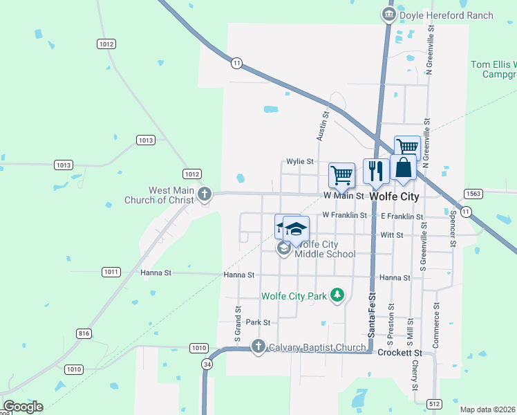 map of restaurants, bars, coffee shops, grocery stores, and more near 613 West Main Street in Wolfe City