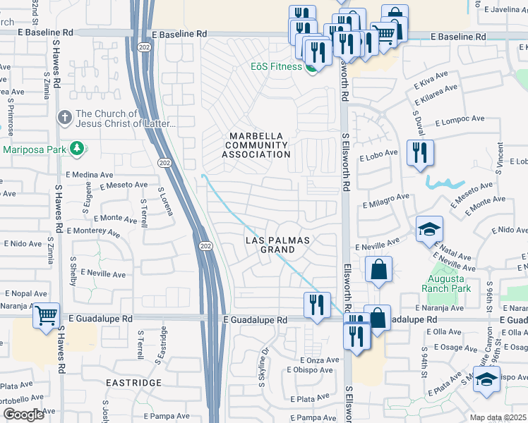 map of restaurants, bars, coffee shops, grocery stores, and more near 2550 South Ellsworth Road in Mesa
