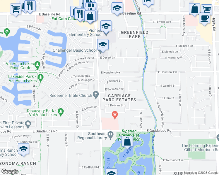 map of restaurants, bars, coffee shops, grocery stores, and more near 2456 East Encinas Avenue in Gilbert