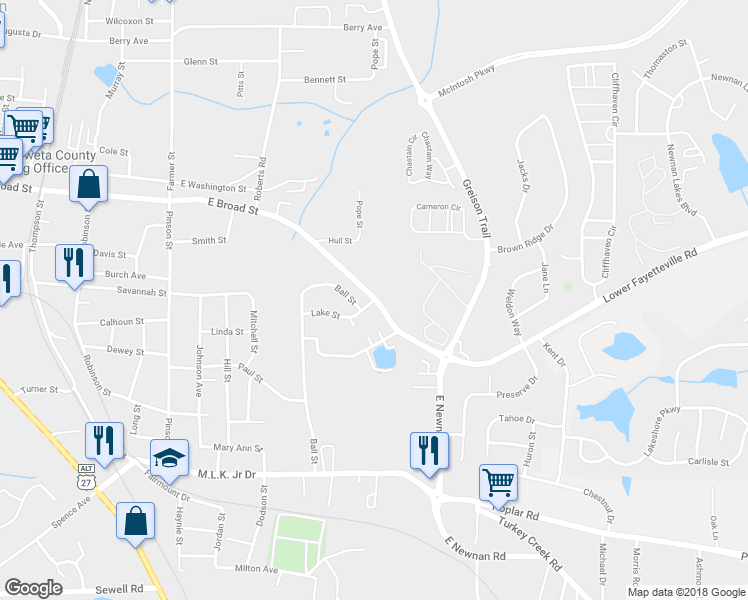 map of restaurants, bars, coffee shops, grocery stores, and more near 257 East Broad Street in Newnan
