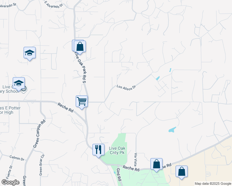 map of restaurants, bars, coffee shops, grocery stores, and more near 2749 Los Alisos Drive in Fallbrook