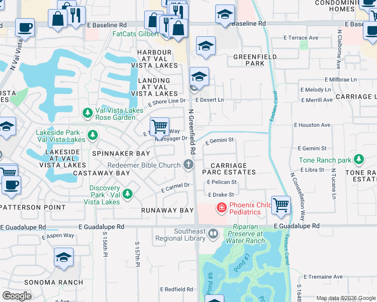 map of restaurants, bars, coffee shops, grocery stores, and more near 1105 North Jamaica Way in Gilbert
