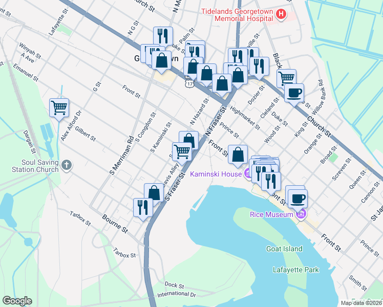 map of restaurants, bars, coffee shops, grocery stores, and more near 130 South Fraser Street in Georgetown