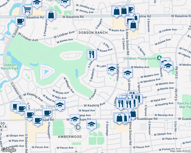 map of restaurants, bars, coffee shops, grocery stores, and more near 2420 South Stewart in Mesa