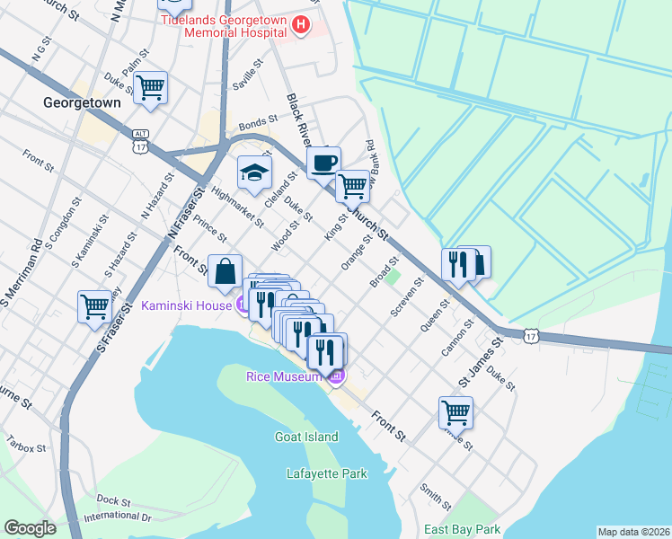 map of restaurants, bars, coffee shops, grocery stores, and more near 311 Orange Street in Georgetown