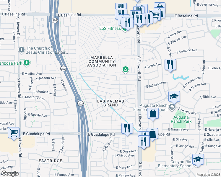 map of restaurants, bars, coffee shops, grocery stores, and more near 3rd Street in Mesa