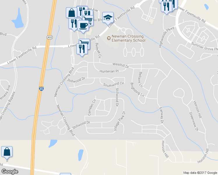 map of restaurants, bars, coffee shops, grocery stores, and more near 63 Southwind Circle in Newnan
