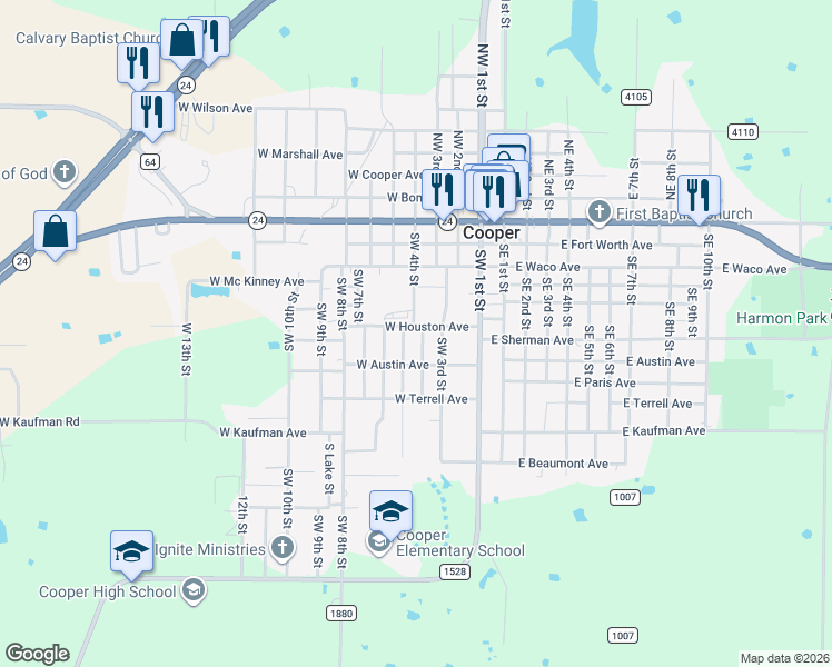 map of restaurants, bars, coffee shops, grocery stores, and more near 600 Southwest 4th Street in Cooper