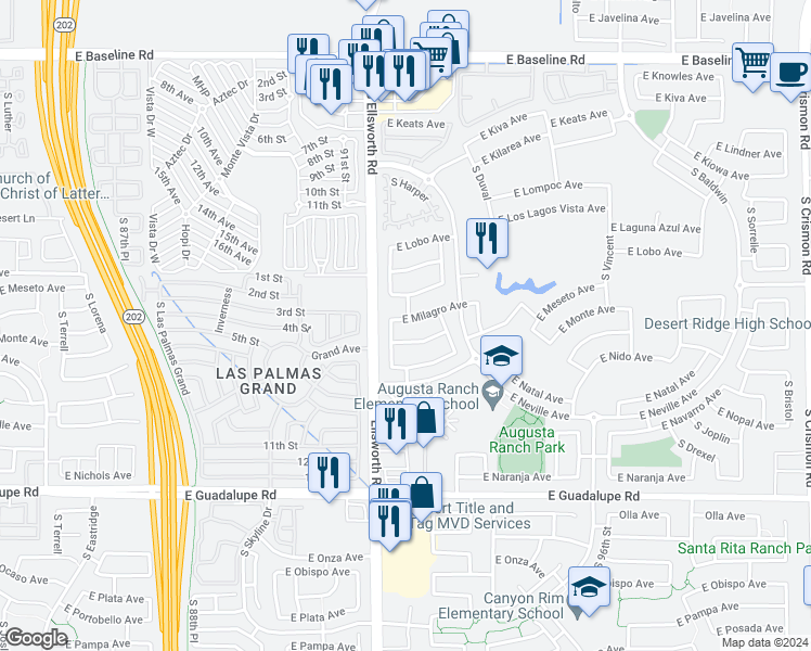 map of restaurants, bars, coffee shops, grocery stores, and more near 9237 East Milagro Avenue in Mesa