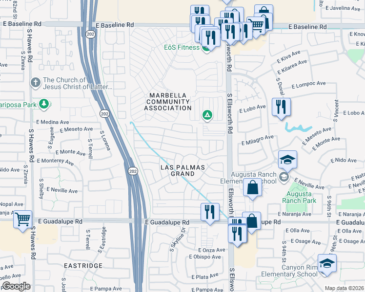 map of restaurants, bars, coffee shops, grocery stores, and more near 3rd Street in Mesa