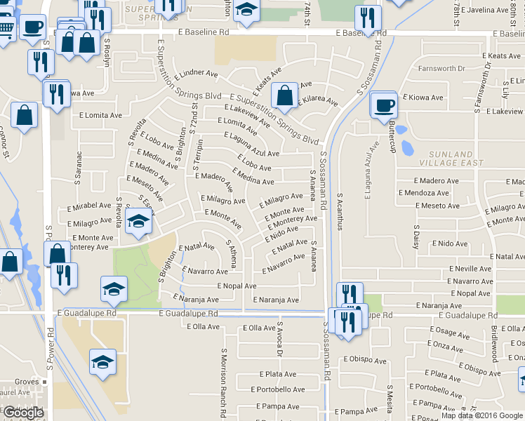 map of restaurants, bars, coffee shops, grocery stores, and more near 7400-7424 East Milagro Avenue in Mesa