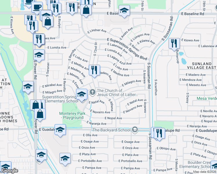 map of restaurants, bars, coffee shops, grocery stores, and more near 7345 East Milagro Avenue in Mesa