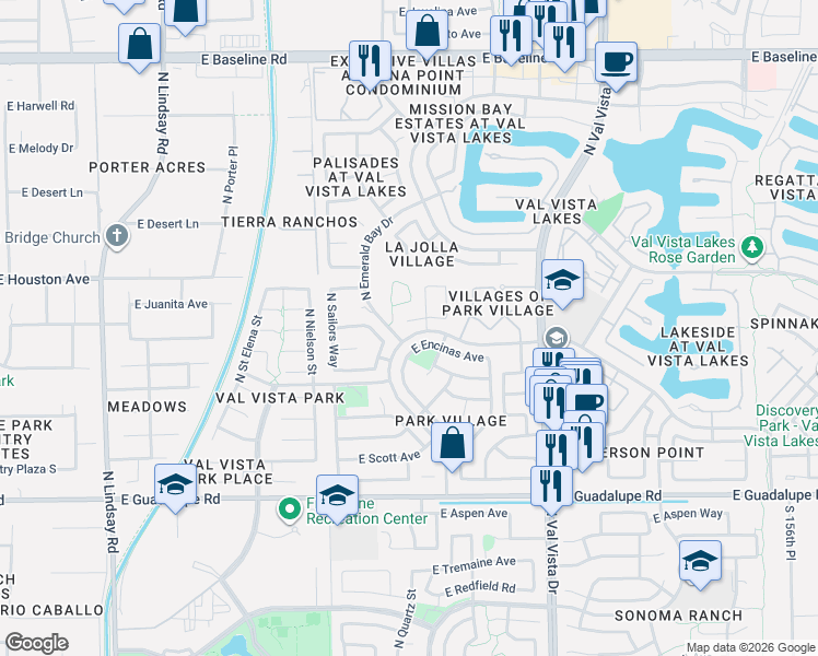 map of restaurants, bars, coffee shops, grocery stores, and more near 1302 East San Angelo Avenue in Gilbert