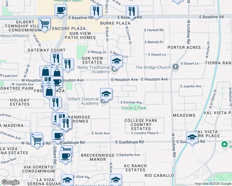 map of restaurants, bars, coffee shops, grocery stores, and more near 430 East San Pedro Avenue in Gilbert
