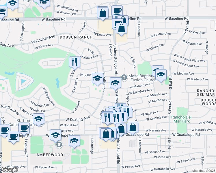 map of restaurants, bars, coffee shops, grocery stores, and more near 1261 West Madero Avenue in Mesa