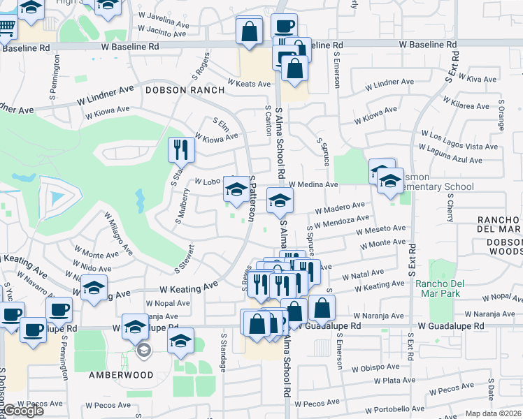 map of restaurants, bars, coffee shops, grocery stores, and more near 1261 West Madero Avenue in Mesa